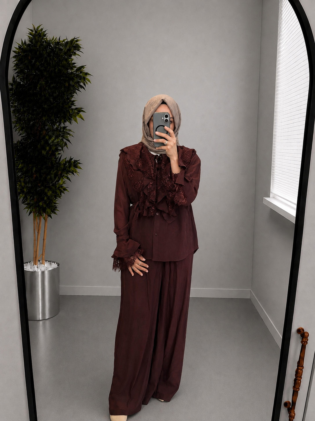 Hatun Atilla Dantel Fır Fır Detaylı Takım - Bordo