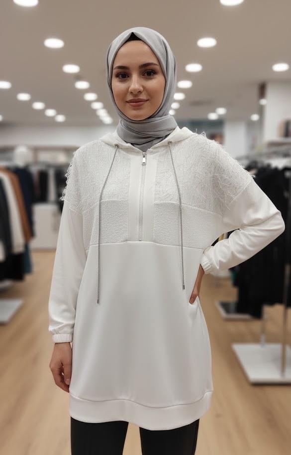 Szn Fermuarlı Saçaklı Tunik - Beyaz