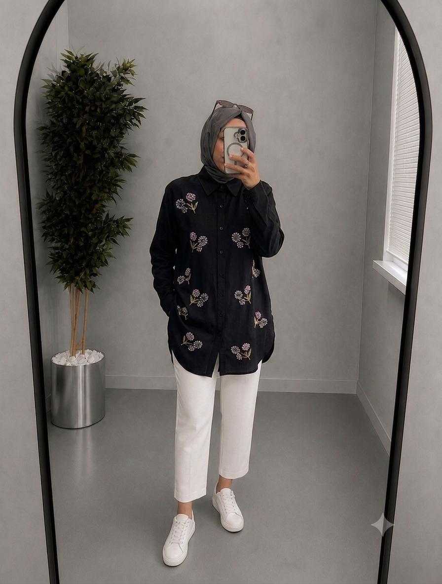 Mia Noura İşlemeli Gömlek - Siyah